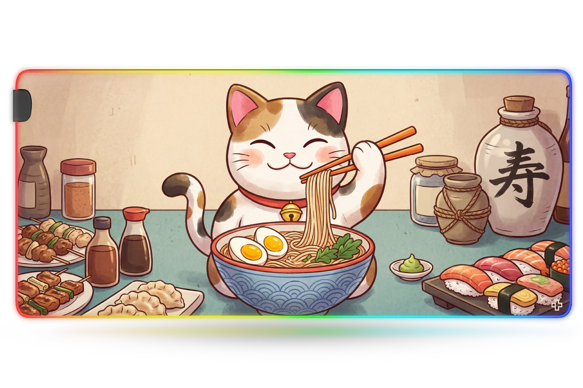 Deskmat Mousepad Lucky Neko Ramen RGB 4mm margini cusute