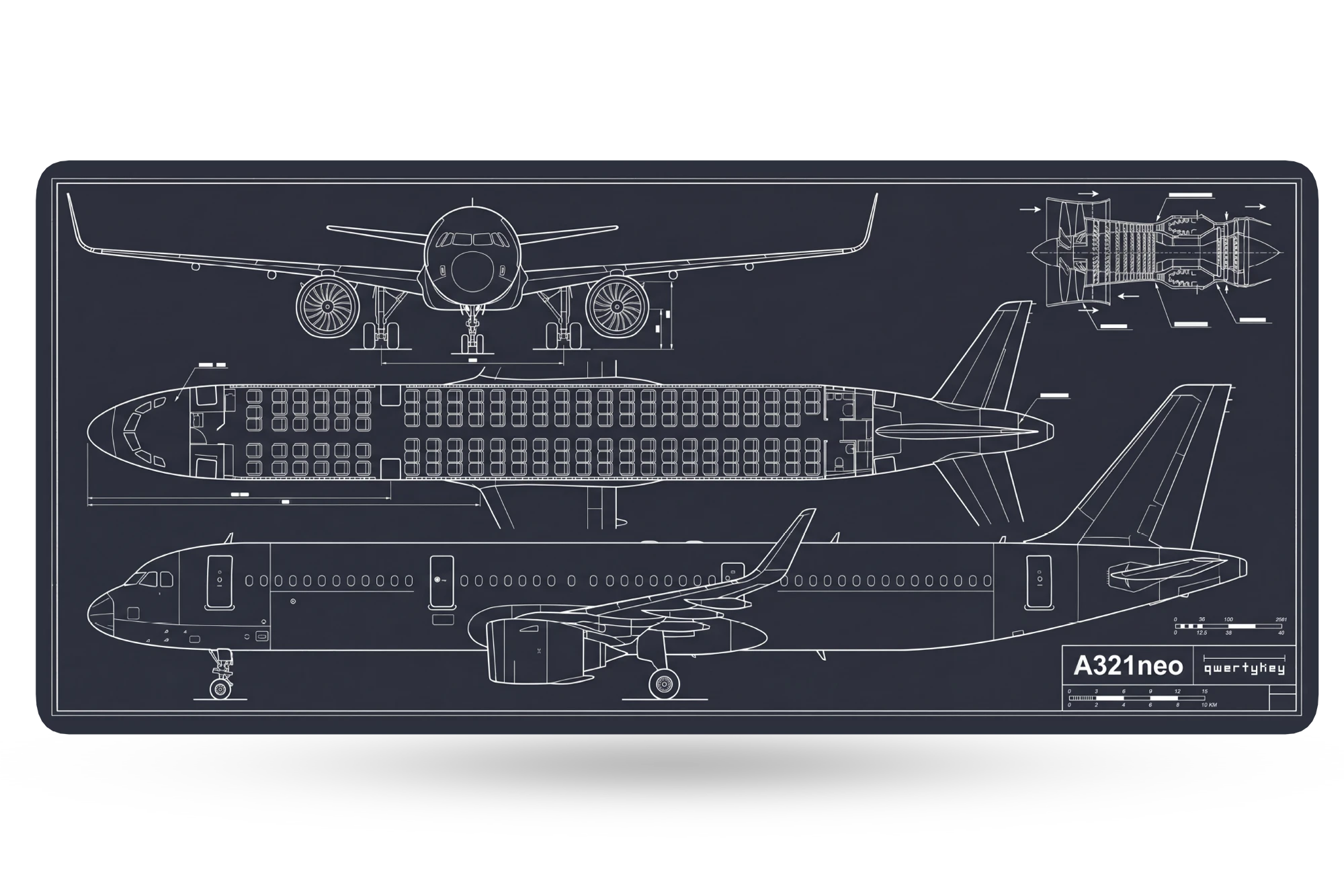 Deskmat Mousepad Plane Blueprint 4mm margini cusute
