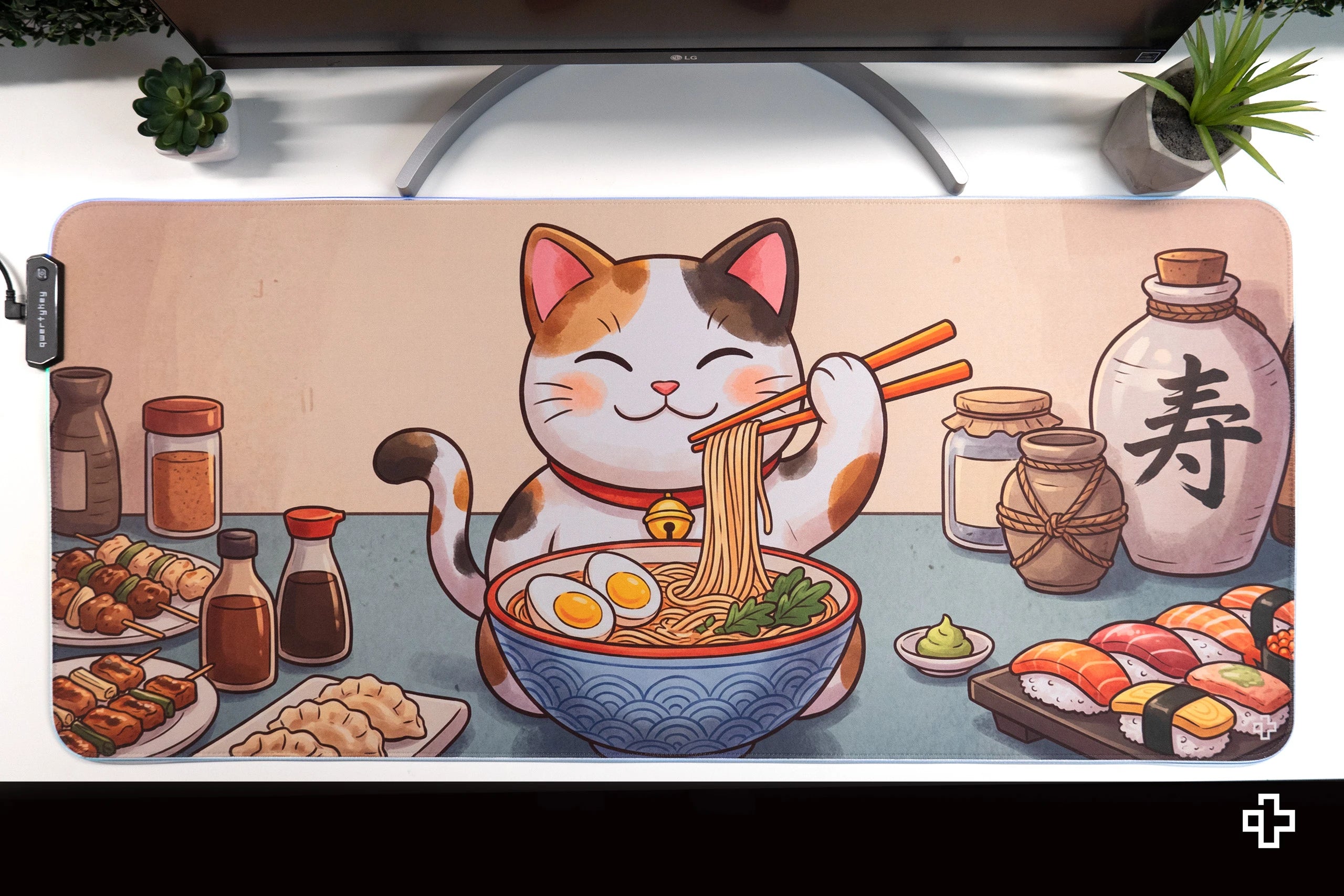 Deskmat Mousepad Lucky Neko Ramen RGB 4mm margini cusute