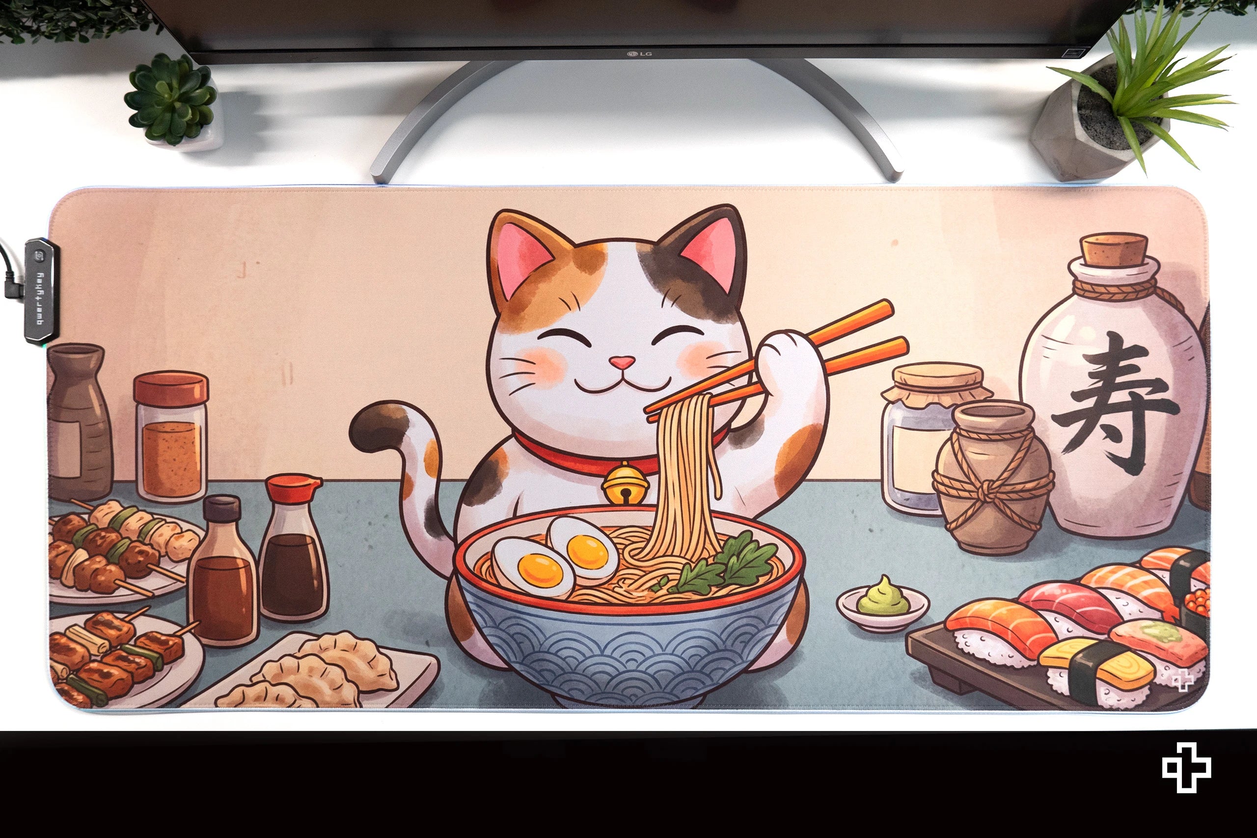 Deskmat Mousepad Lucky Neko Ramen RGB 4mm margini cusute