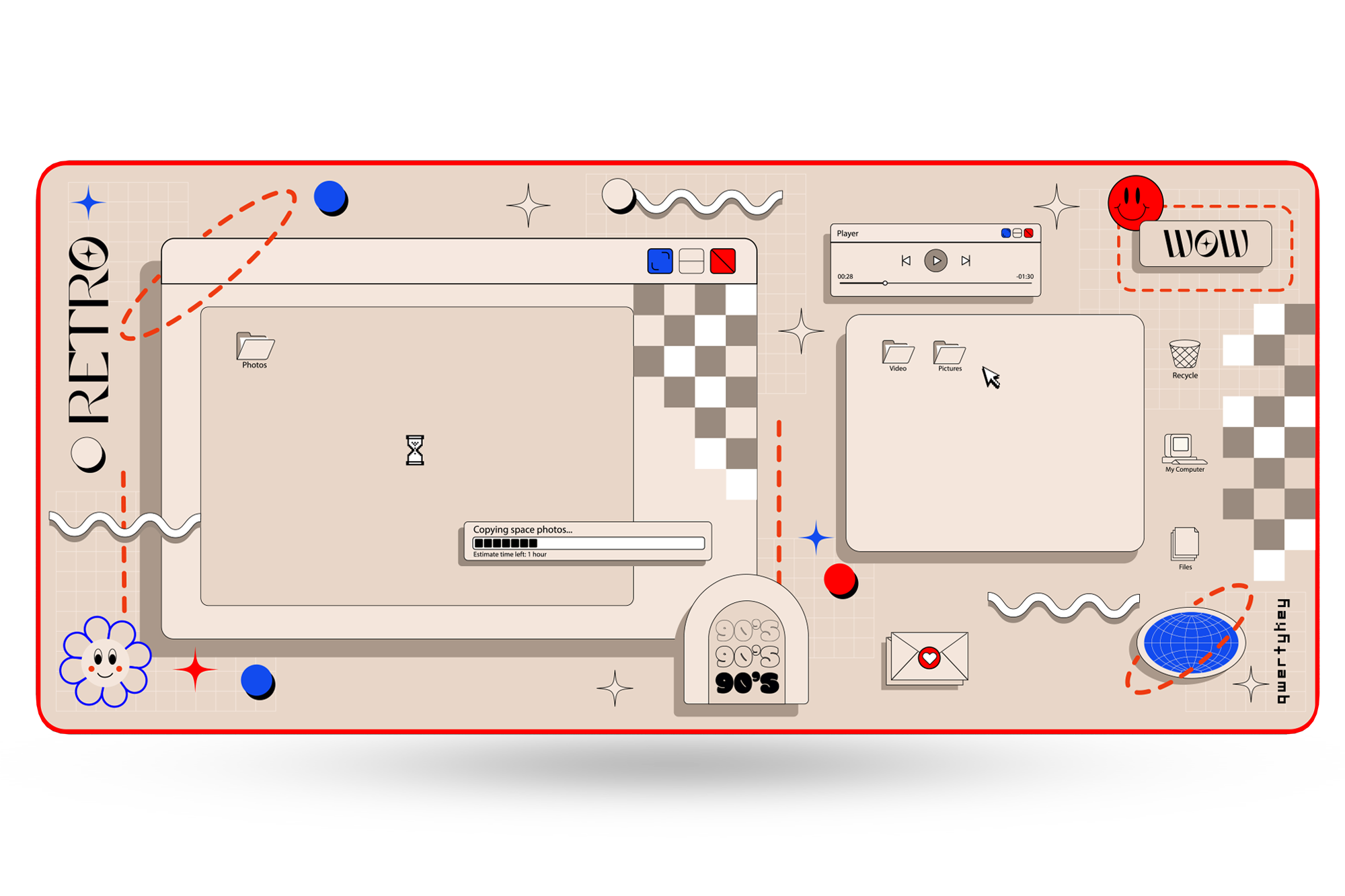Deskmat Mousepad QwertyKey Retro Waterproof, Margini Cusute, Grosime 4mm, Spate Cauciucat