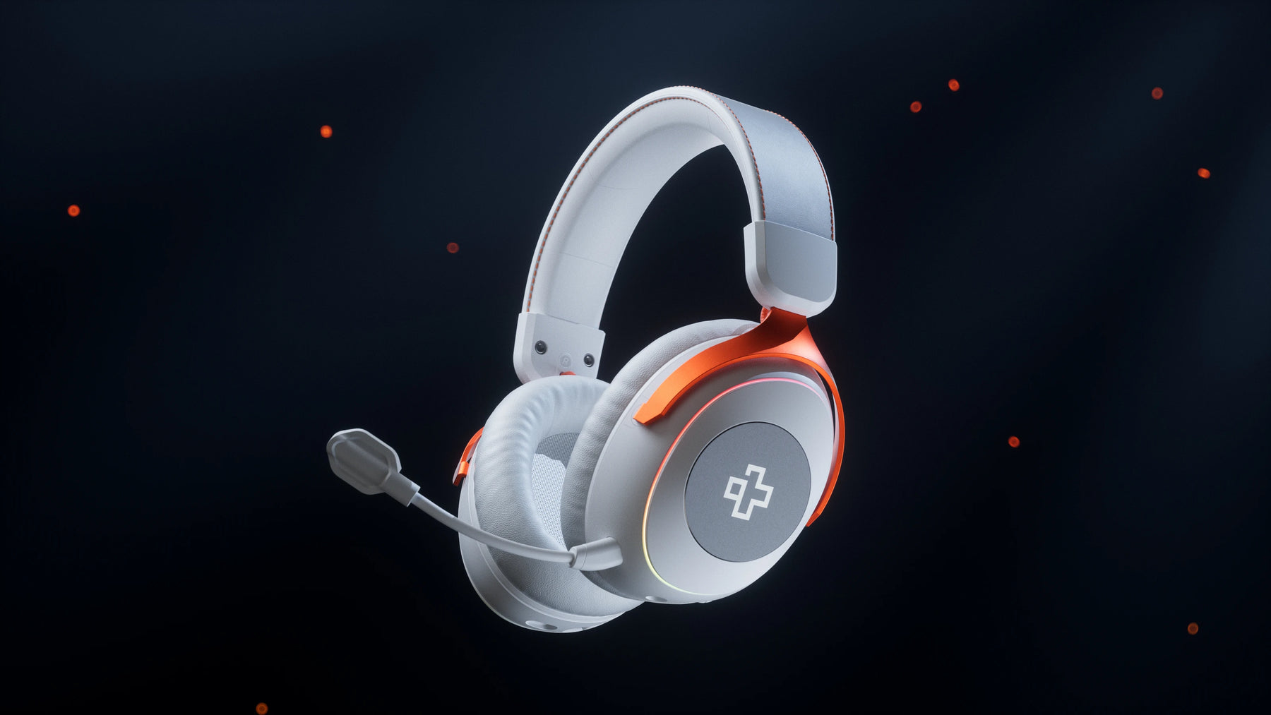 Căști gaming wireless QwertyKey Pulse albe într-un setup curat